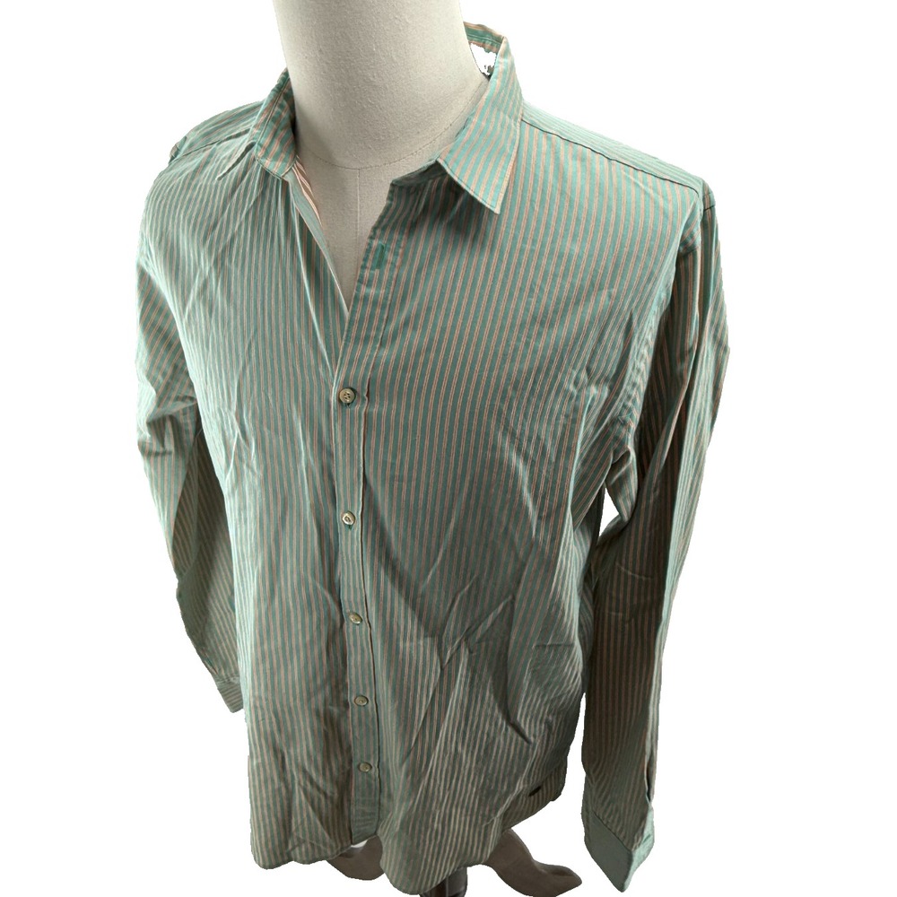 Scotch & Soda Mens Teal Orange Striped Long Sleeve Button Shirt Mens Large